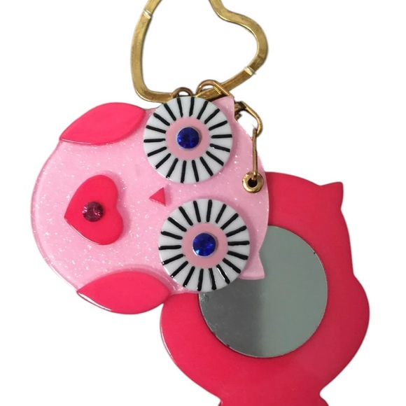 BETSEY JOHNSON OWL MIRRORED KEY FOB IN PINK & GOLD HARDWARE NEW IN BOX - Picture 2 of 6